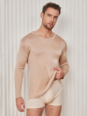 SilkSilky US Silk Knitted Long Sleeve Round Neck Men's T Shirt Beige 001