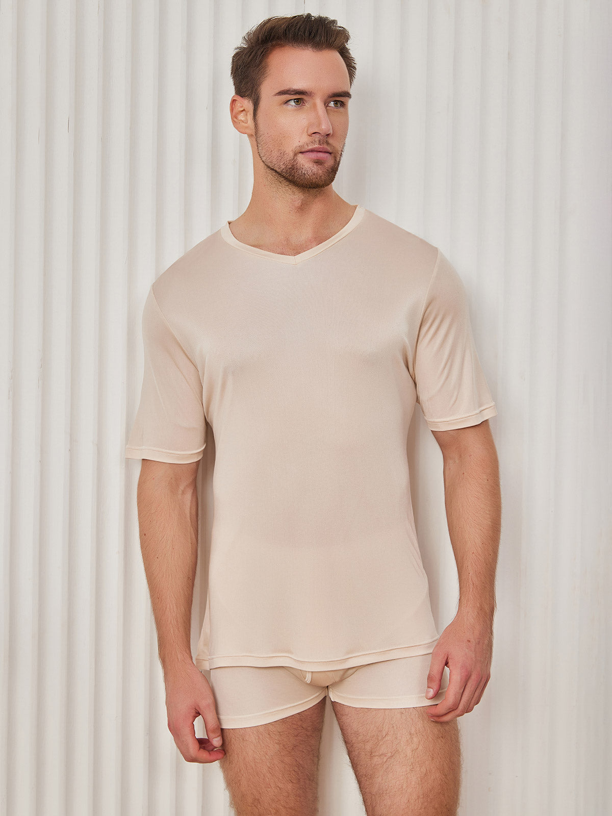 Mens Basic V-Neck Silk Knitted Tee