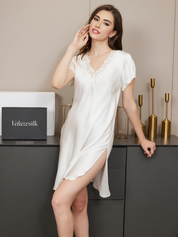 Pure Silk Lace Neck Split Hem Nightgown