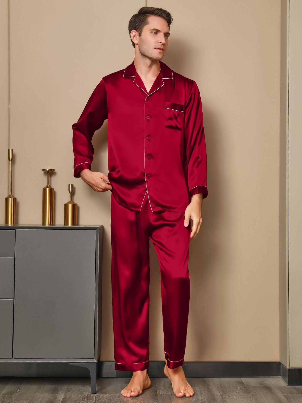 Luxurious Silk Men's Lapel Pajamas 2Pcs