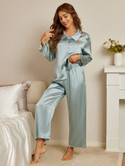 SilkSilky US Pure Silk Long Sleeve Collar Women's Pajamas LightBlue 001