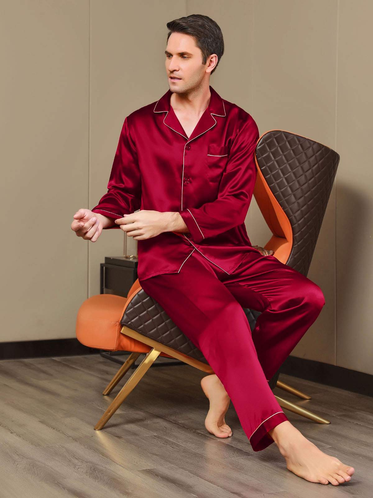 Pure Silk Men‘s Lapel Pajama Set 2Pcs