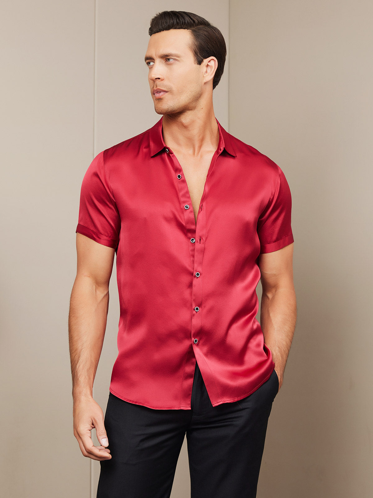 19Momme Mens Classic Short Sleeve Silk Shirt