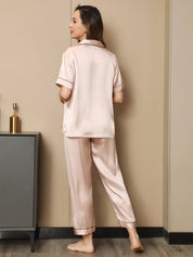 Piping Trim Pure Silk Pajamas Set 2Pcs