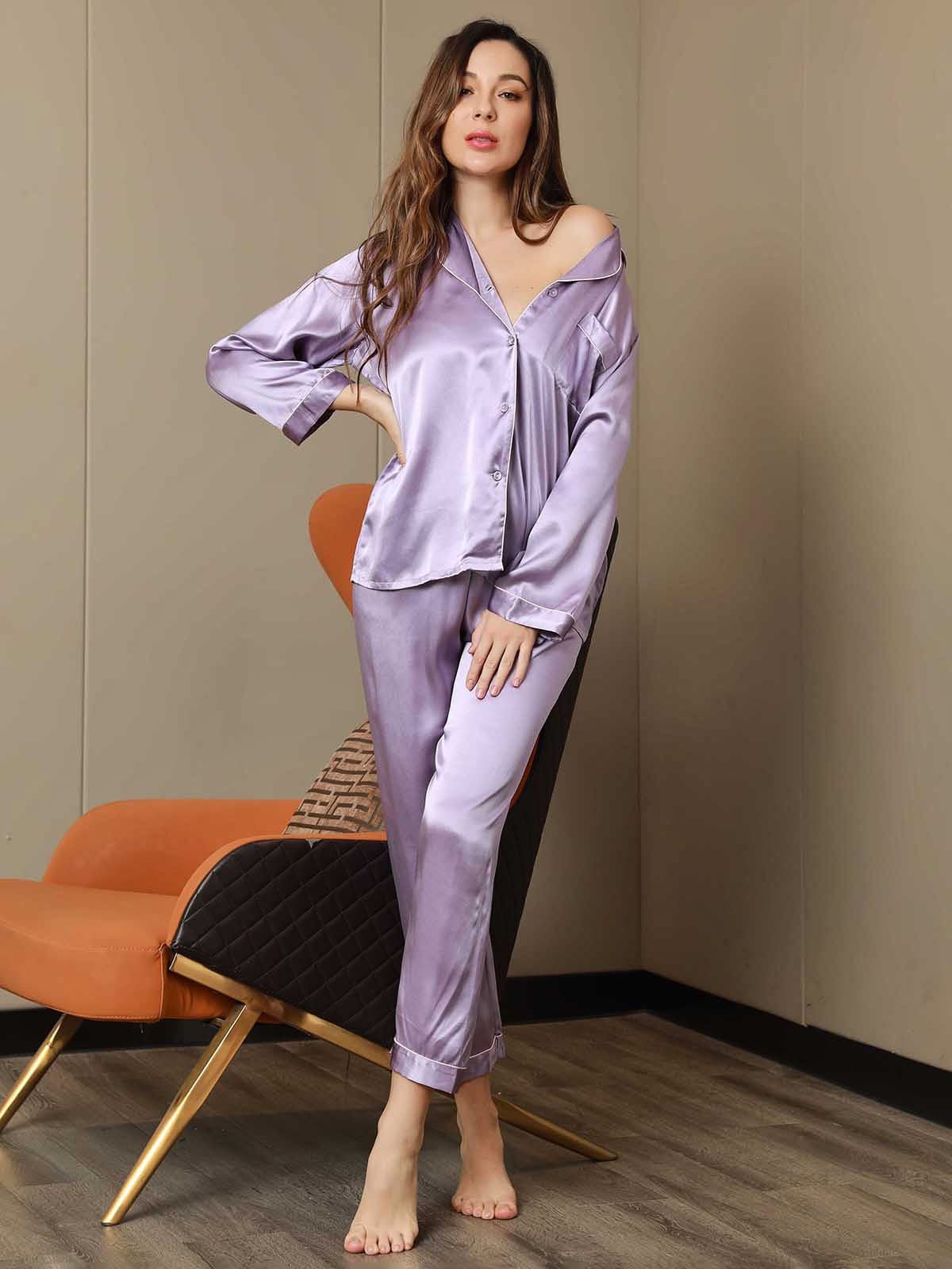 Pure Silk Binding Trim Pajamas Set 2Pcs