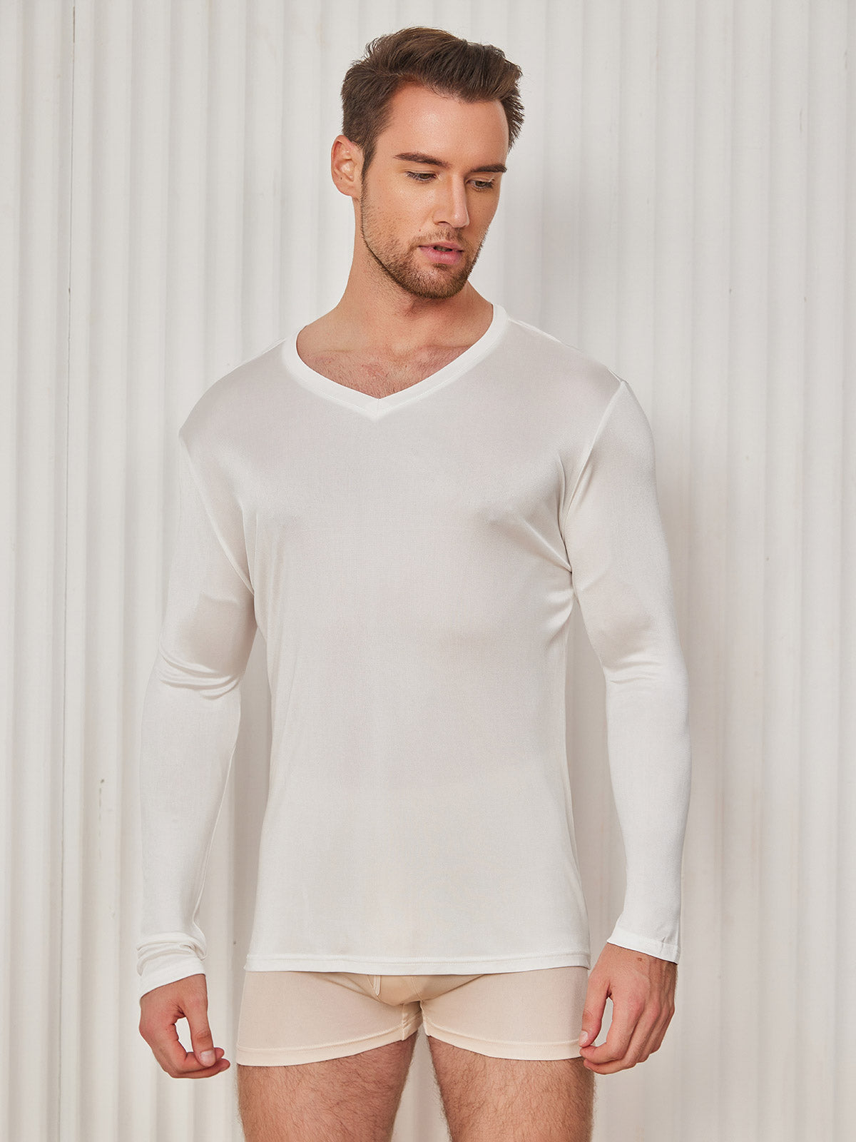 Mens V-Neck Long Sleeve Silk Knitted Tee