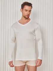 Mens V-Neck Long Sleeve Silk Knitted Tee