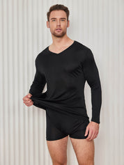 Mens V-Neck Long Sleeve Silk Knitted Tee