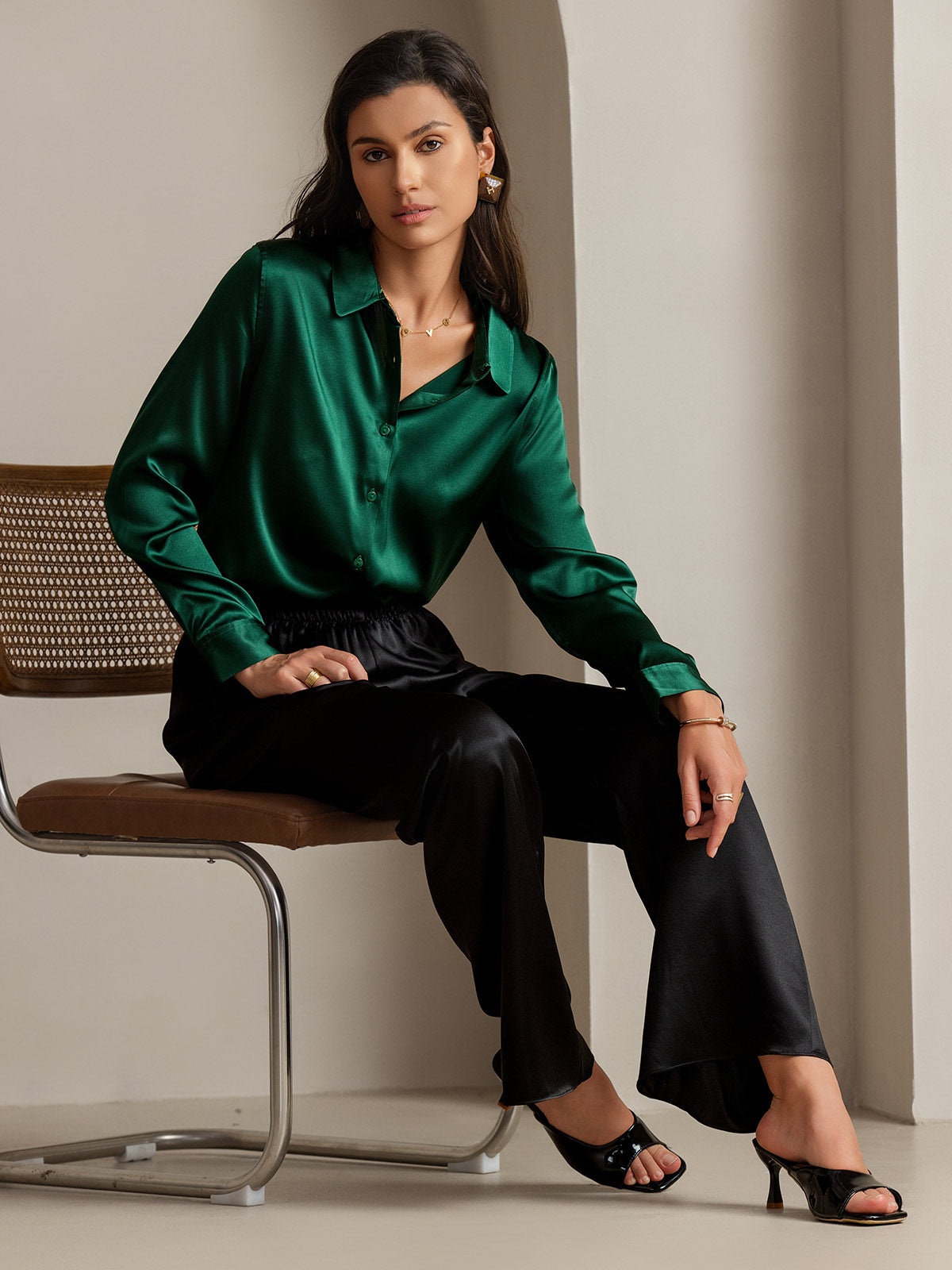 SilkSilky  Silk Blend Long Sleeve Collar Women's Shirt DarkGreen 001