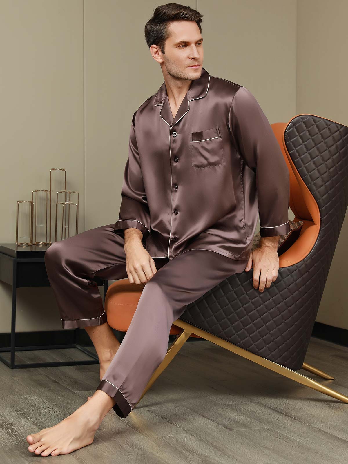 SilkSilky US Pure Silk Long Sleeve Lapel Men's Pajamas Coffee 001