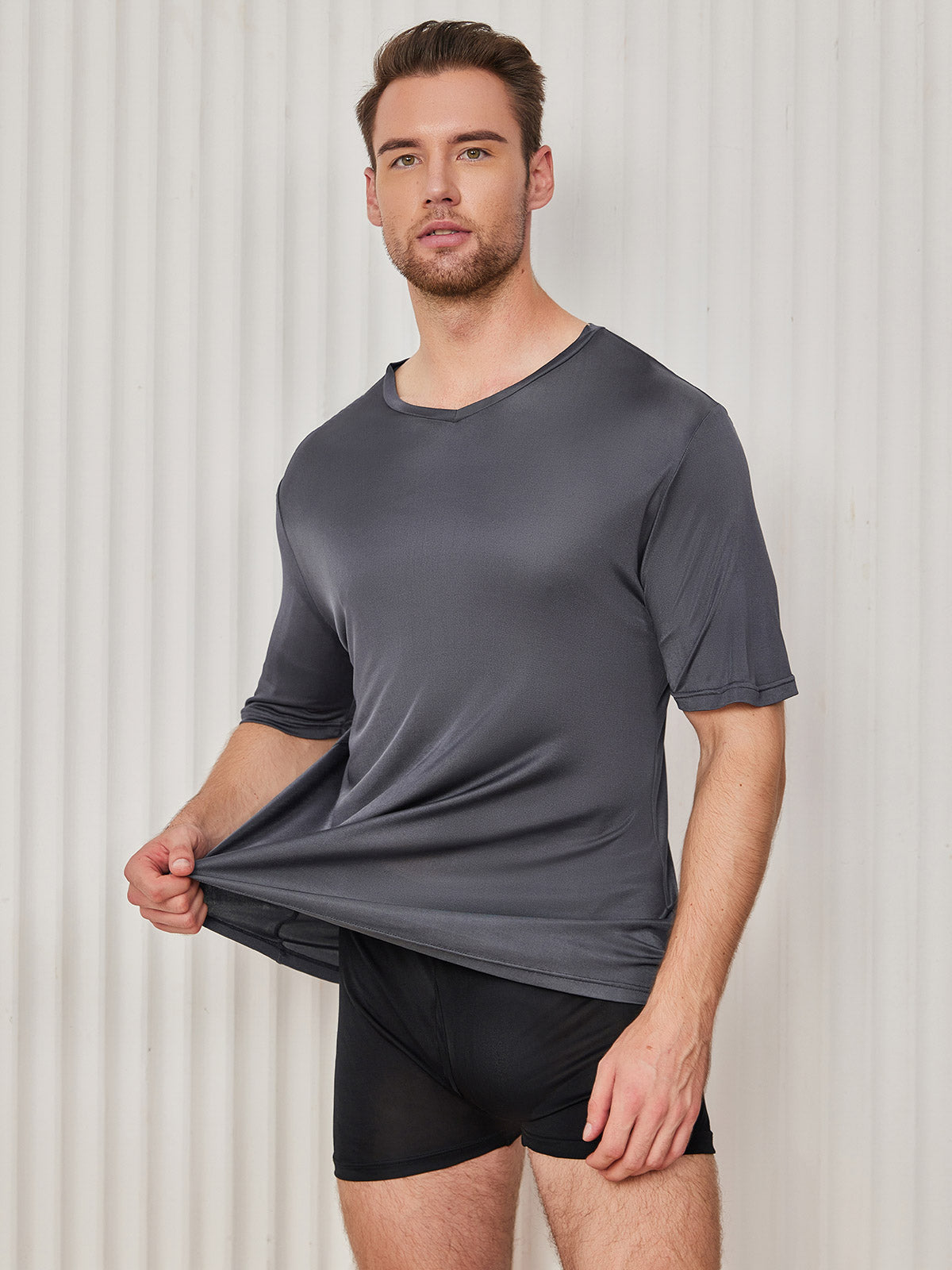 Mens Basic V-Neck Silk Knitted Tee