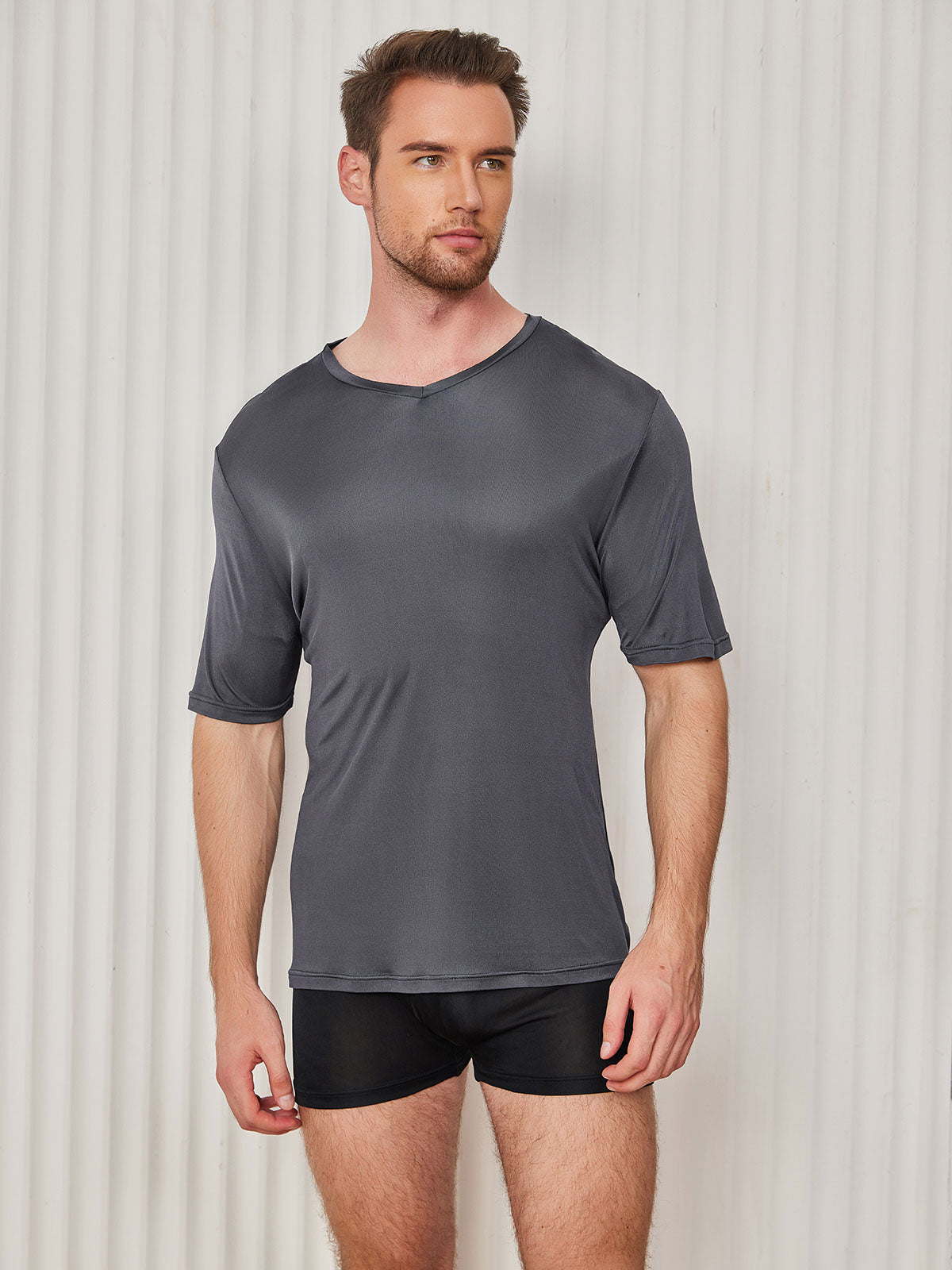 Mens Basic V-Neck Silk Knitted Tee