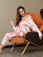 SilkSilky US Pure Silk Long Sleeve Lapel Women's Pajamas Pink 001