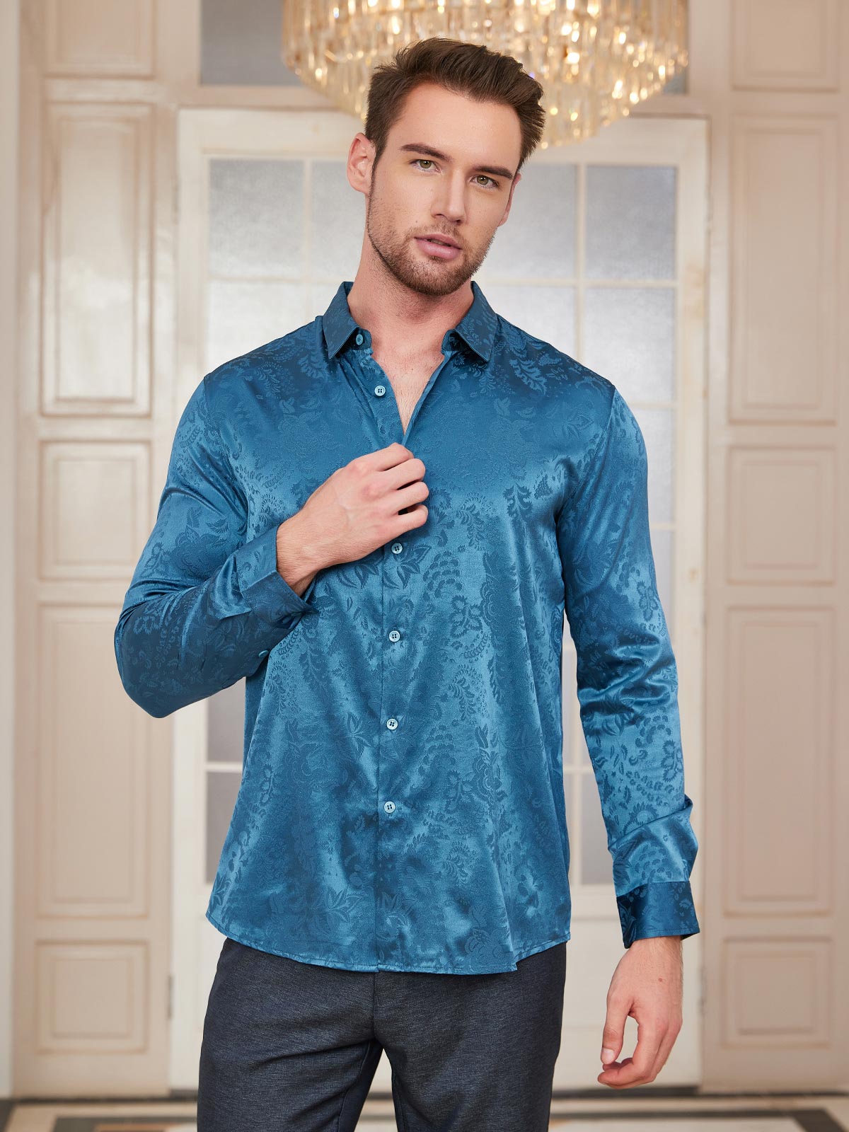 SilkSilky US Silk Blend Long Sleeve Collar Men's Shirt Teal 001