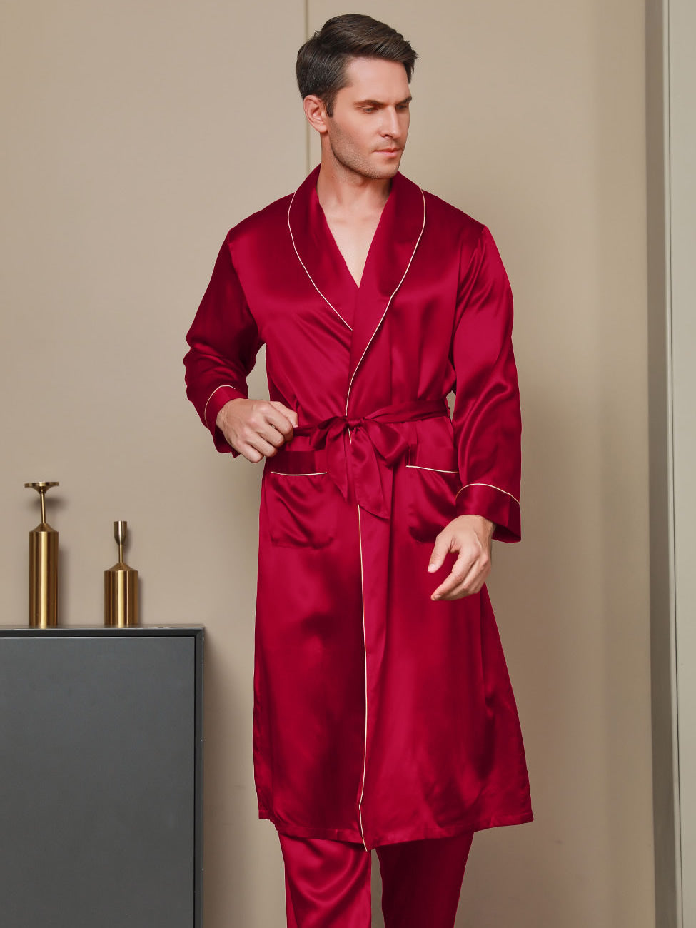 SilkSilky US 19Momme Pure Silk Long Sleeve Lapel Men's Robe Wine 001