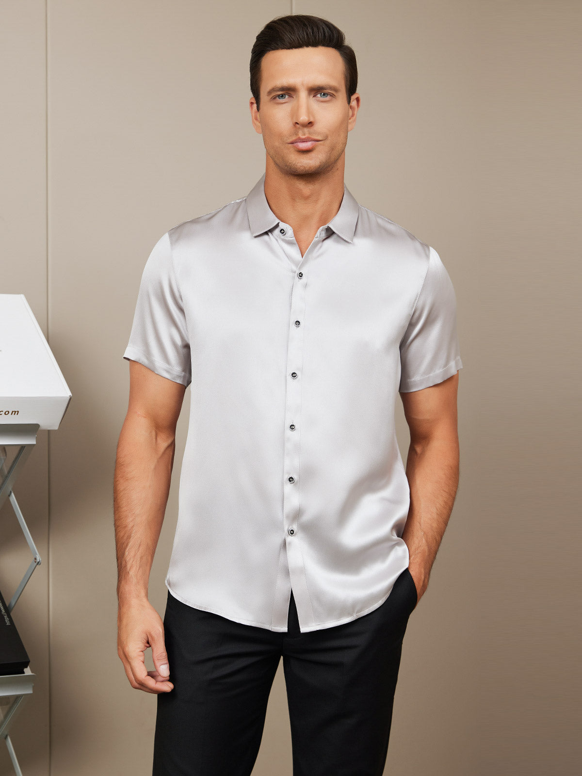 SilkSilky US Silk Blend Short Sleeve Collar Men's Shirt Silver 001