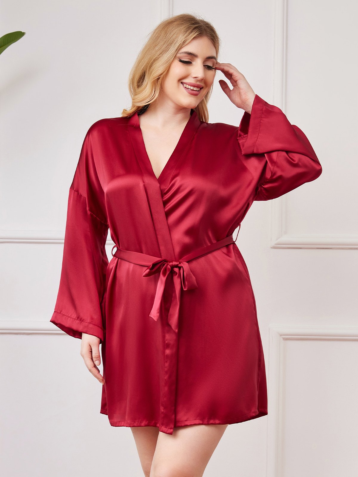 SilkSilky  Pure Silk Long Sleeve Deep V Neck Plus Size Robe Wine 001