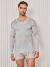 SilkSilky US Silk Knitted Long Sleeve V Neck Men's T Shirt LightGray 001