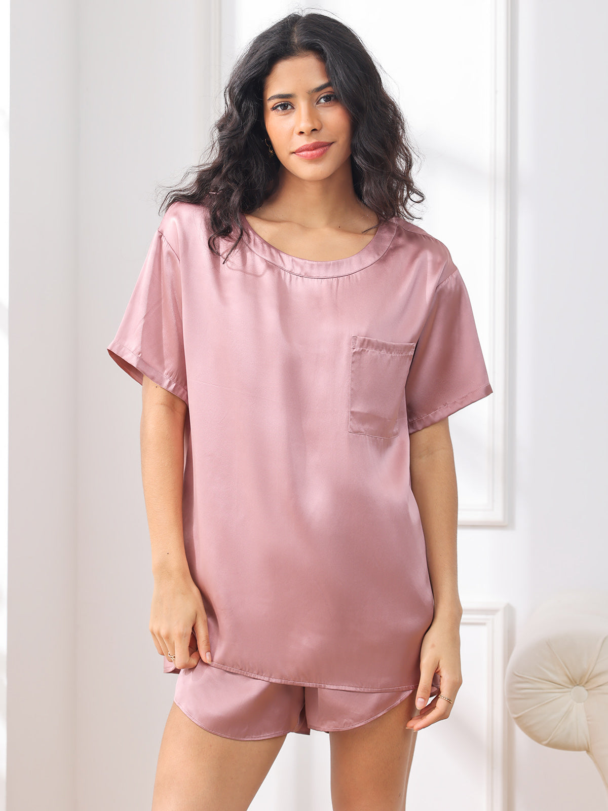 SilkSilky US Pure Silk Short Sleeve Round Neck Women's Pajamas PaleMauve 001