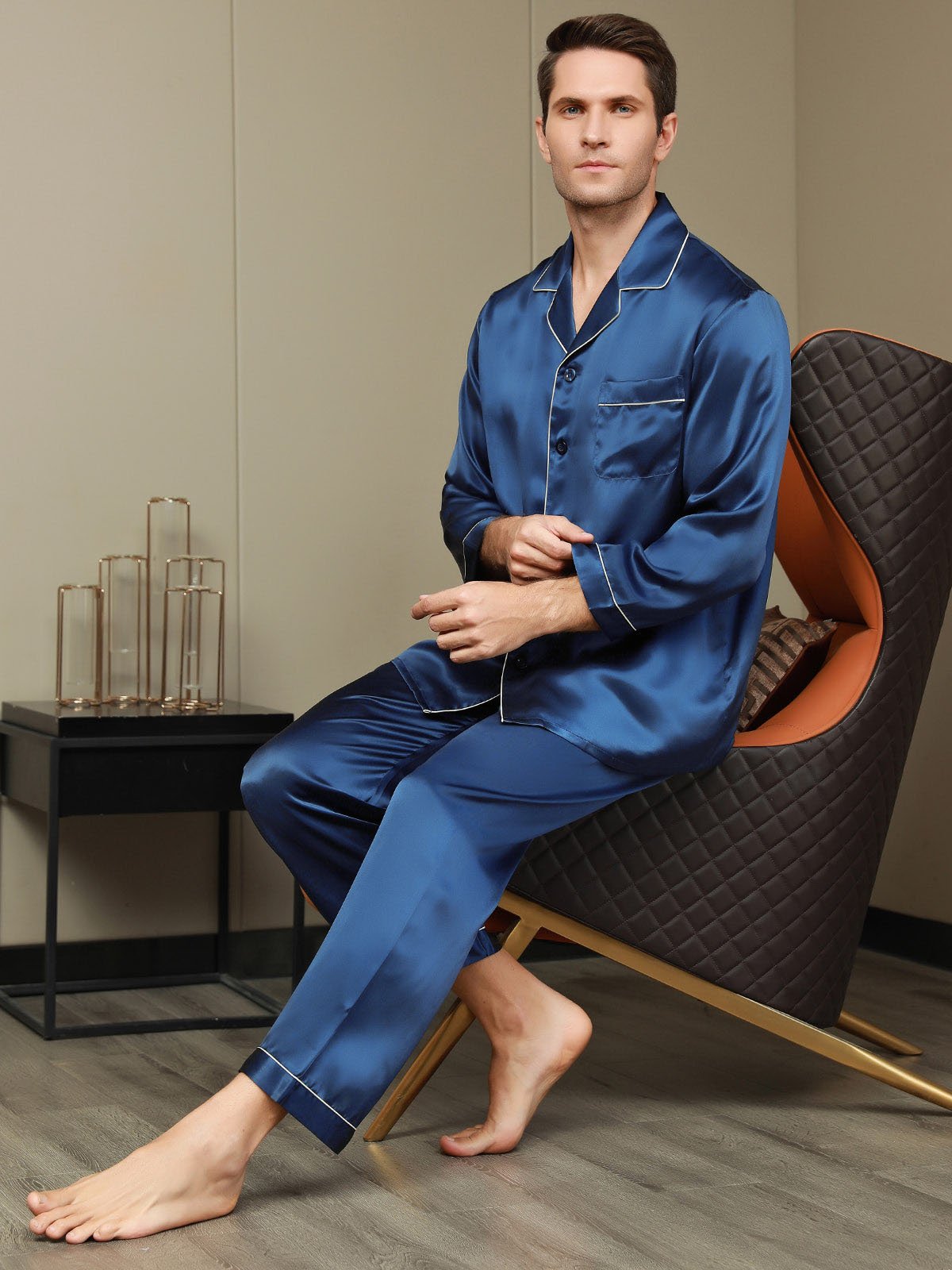 Pure Silk Men‘s Lapel Pajama Set 2Pcs