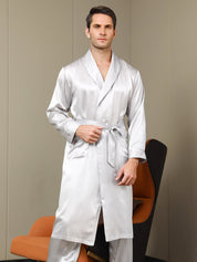 SilkSilky US 19Momme Pure Silk Long Sleeve Lapel Men's Robe LightGray 001