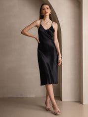 SilkSilky US Pure Silk Sleeveless V Neck Dress Black 001