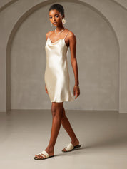 Pure Silk Solid Color Lounge Cowl Neck Short Dress