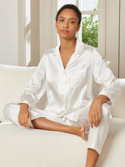 SilkSilky US Pure Silk Long Sleeve Lapel Women's Pajamas White 001