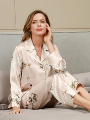 Plant Printed Pure Silk Pajamas Set 2Pcs