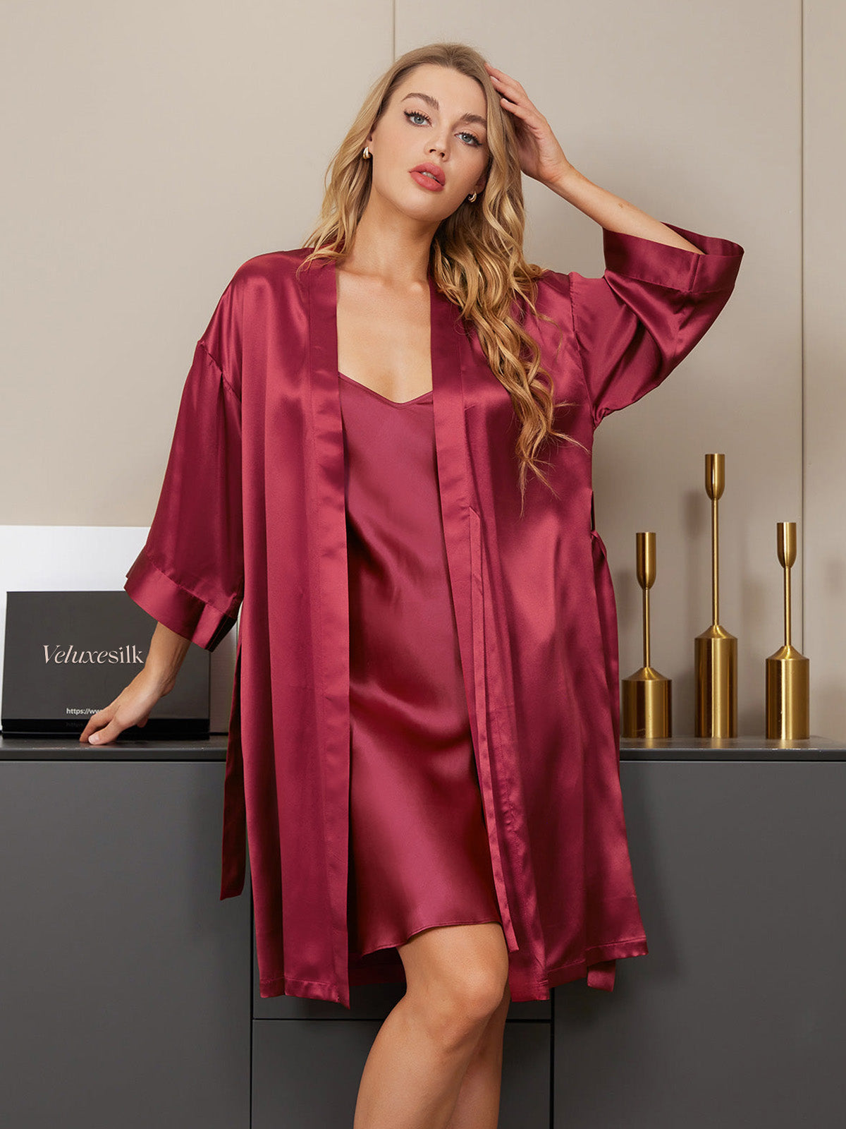 Pure Silk Classic Spaghetti Strap Slip Nightgown&Robe Set 2Pcs