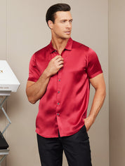 SilkSilky US Silk Blend Short Sleeve Collar Men's Shirt Red 001