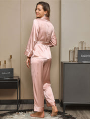 19Momme Contrast Trim Belted Lapel Silk Pajama Set