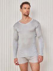 Mens V-Neck Long Sleeve Silk Knitted Tee