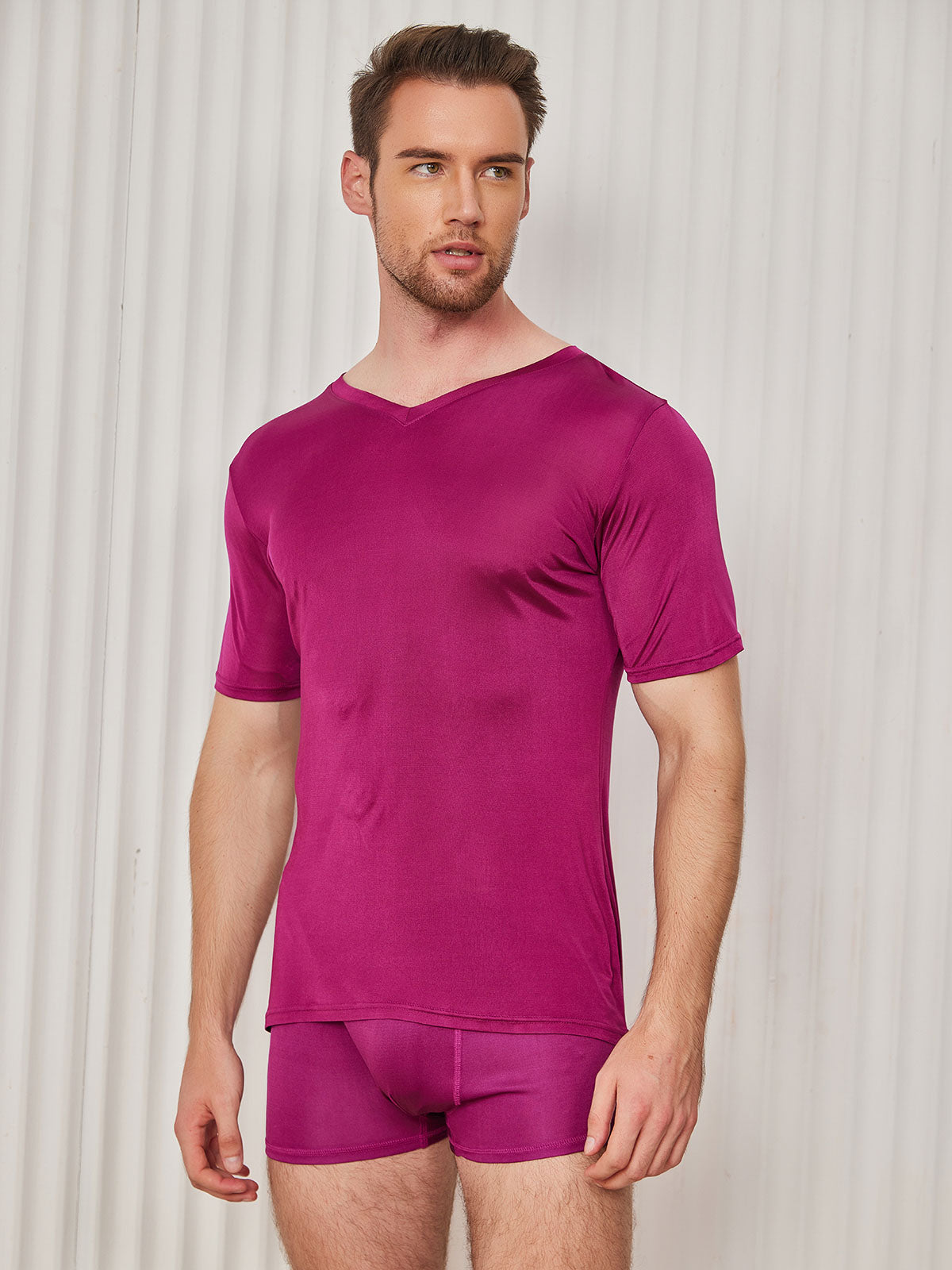 Mens Basic V-Neck Silk Knitted Tee