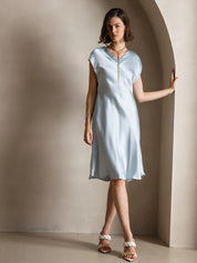 SilkSilky  Pure Silk Sleeveless V Neck Dress LightBlue 001