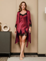 Pure Silk Lace Nightgown & Robe Set 2Pcs