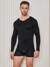 Mens V-Neck Long Sleeve Silk Knitted Tee