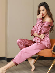 SilkSilky US Pure Silk Long Sleeve Lapel Women's Pajamas PaleMauve 001