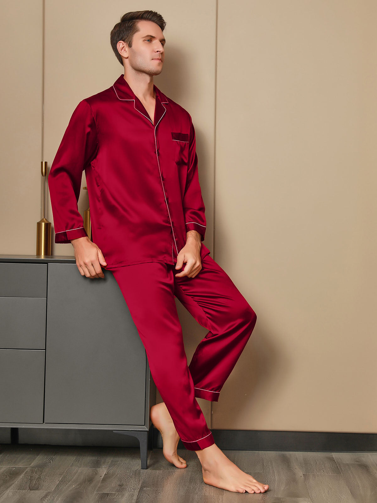 SilkSilky US 19Momme Pure Silk Long Sleeve Lapel Men's Pajamas Red 001