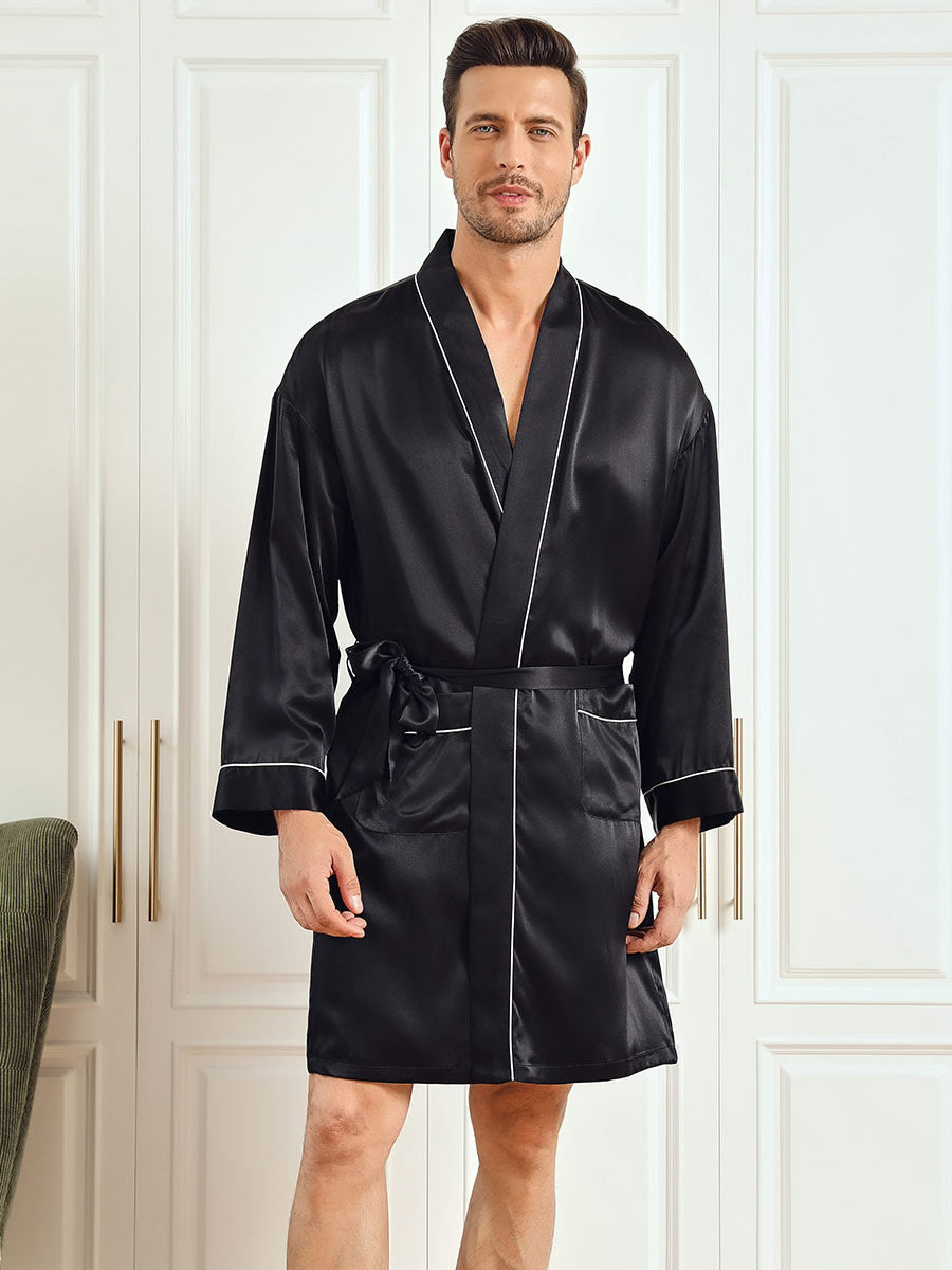 SilkSilky US Pure Silk 3/4 Sleeve Mens Robe Black 001