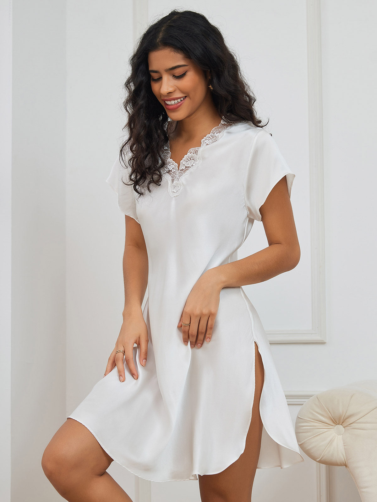 SilkSilky US Pure Silk Short Sleeve Sweetheart Neck Nightgown White 001