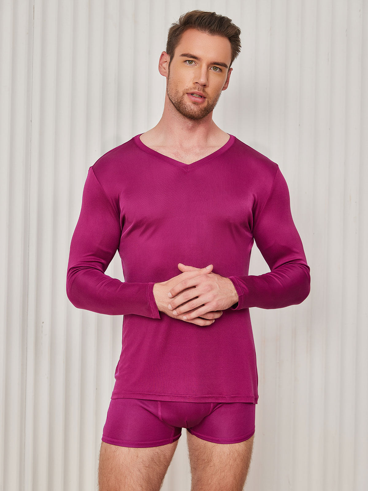 Mens V-Neck Long Sleeve Silk Knitted Tee