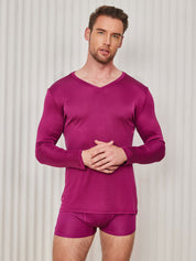 Mens V-Neck Long Sleeve Silk Knitted Tee