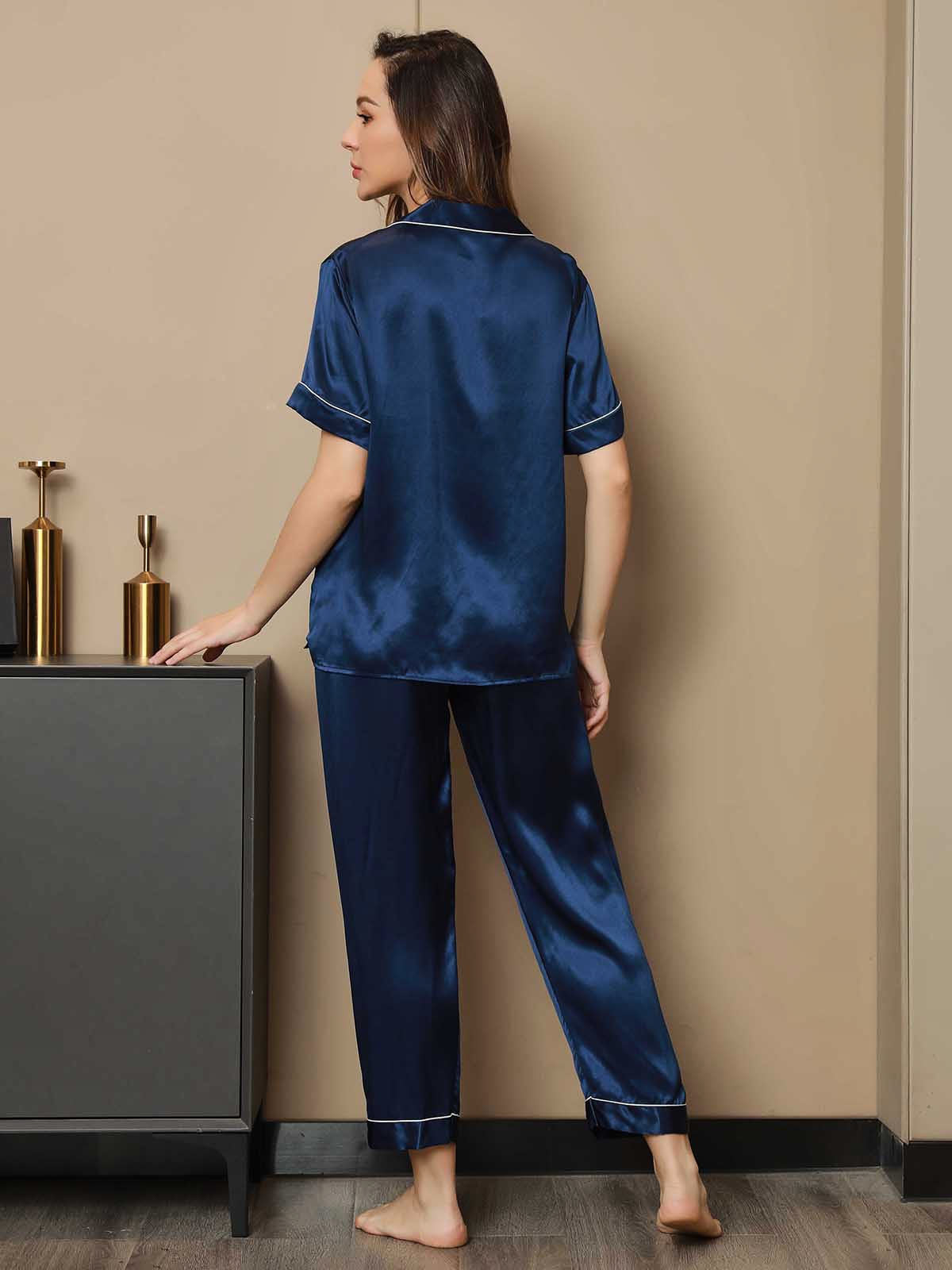 Piping Trim Pure Silk Pajamas Set 2Pcs