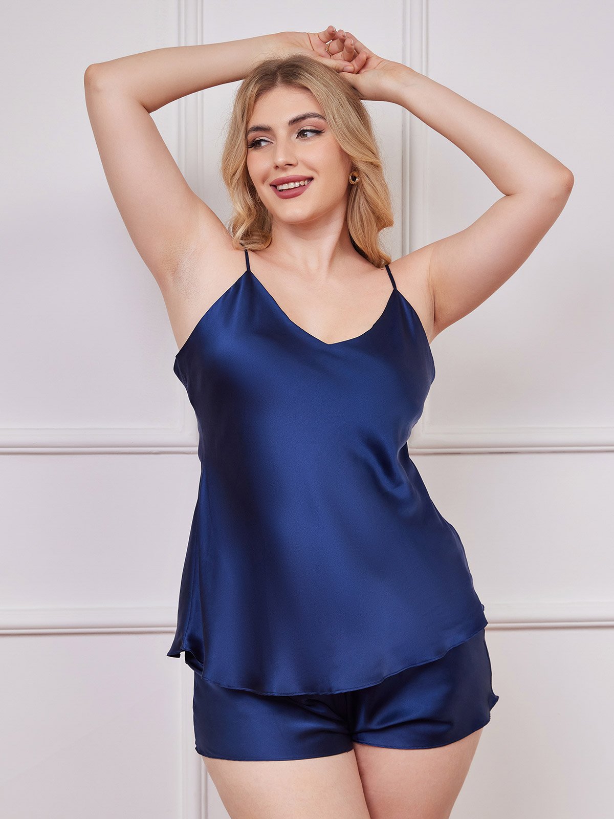 SilkSilky US Pure Silk Deep V Neck Plus Size Camisole Set DarkBlue 001