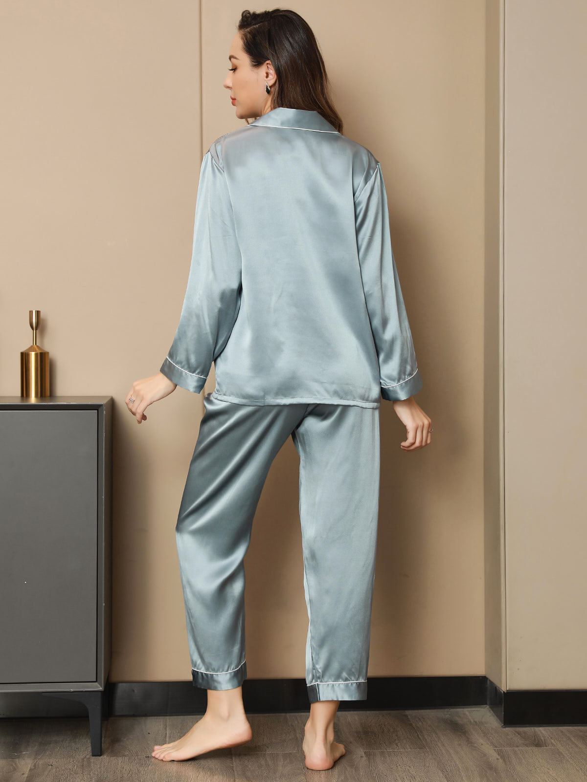 Pure Silk Binding Trim Pajamas Set 2Pcs