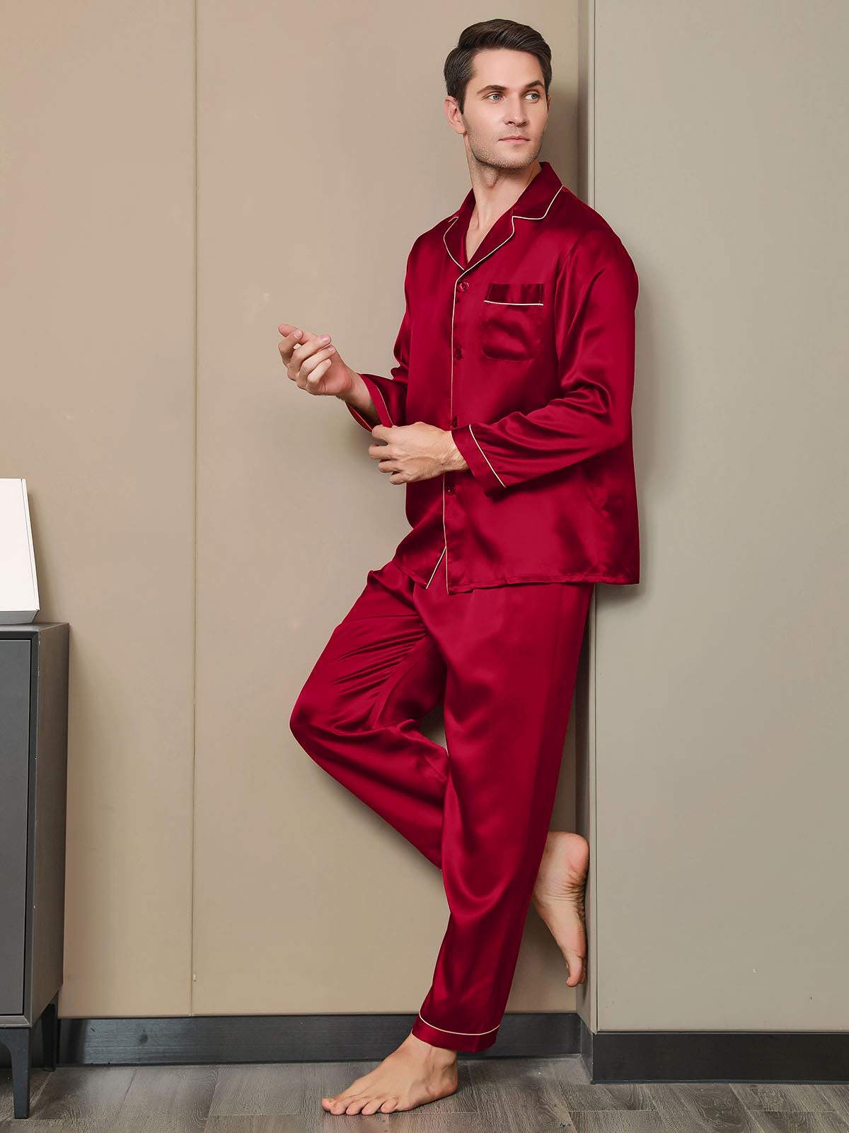 Pure Silk Men‘s Lapel Pajama Set 2Pcs