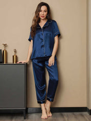 Piping Trim Pure Silk Pajamas Set 2Pcs