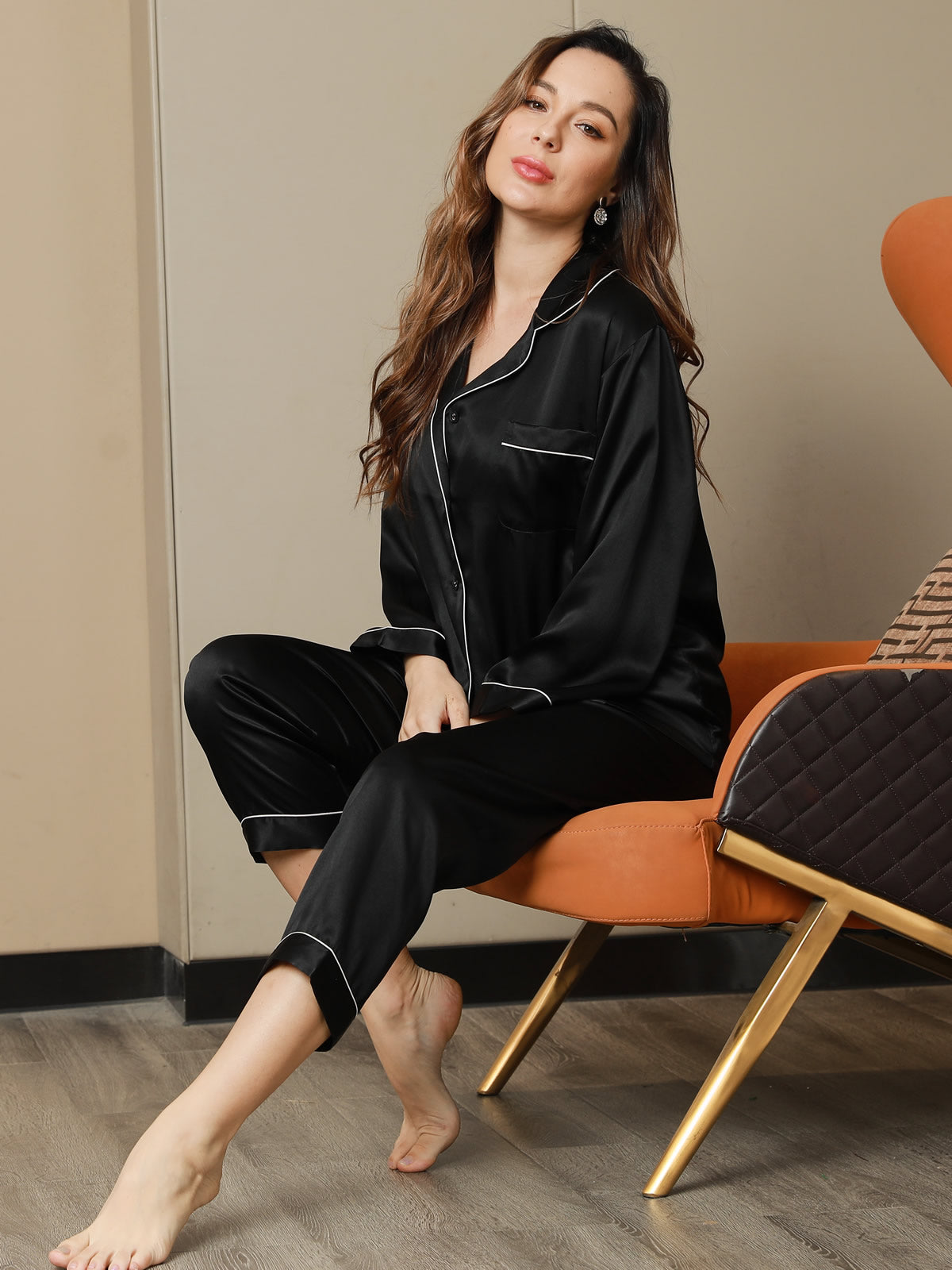 SilkSilky US Pure Silk Long Sleeve Lapel Women's Pajamas Black 001